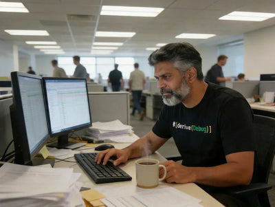 Man sitting at a desk working on a computer with the black t-shirt on which the #[derive(Debug)] code snippet is written